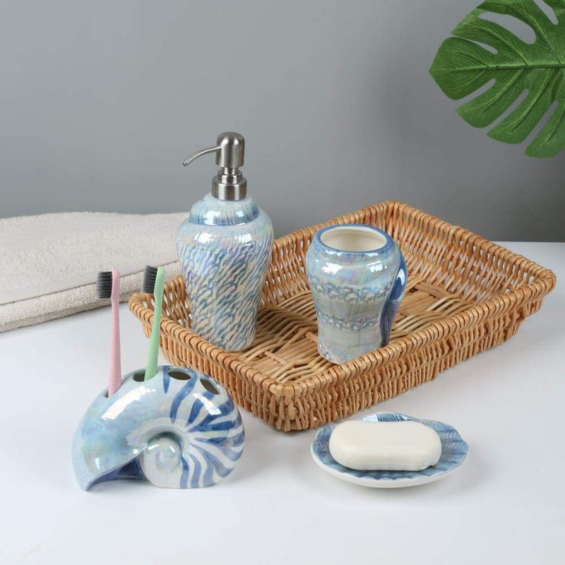 FORLONG Ocean Conch Sea Shell Ceramic Bathroom Accessories Set of 4,1 Gargle Cups 1 Toothbrush Holders 1 Soap Dishes 1 Soap Dispenser (Blue) - Image 2